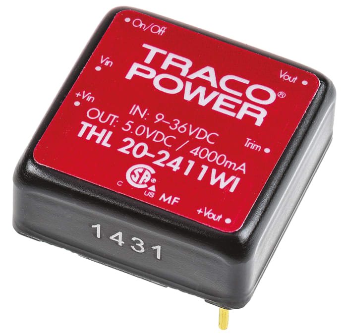 TRACOPOWER THL 20WI DC-DC Converter, 5V dc/ 4A Output, 9 → 36 V dc Input, 20W, Through Hole, +85°C Max Temp
