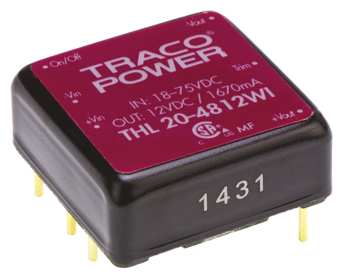TRACOPOWER THL 20WI DC-DC Converter, 12V dc/ 1.67A Output, 18 → 75 V dc Input, 20W, Through Hole, +85°C Max Temp