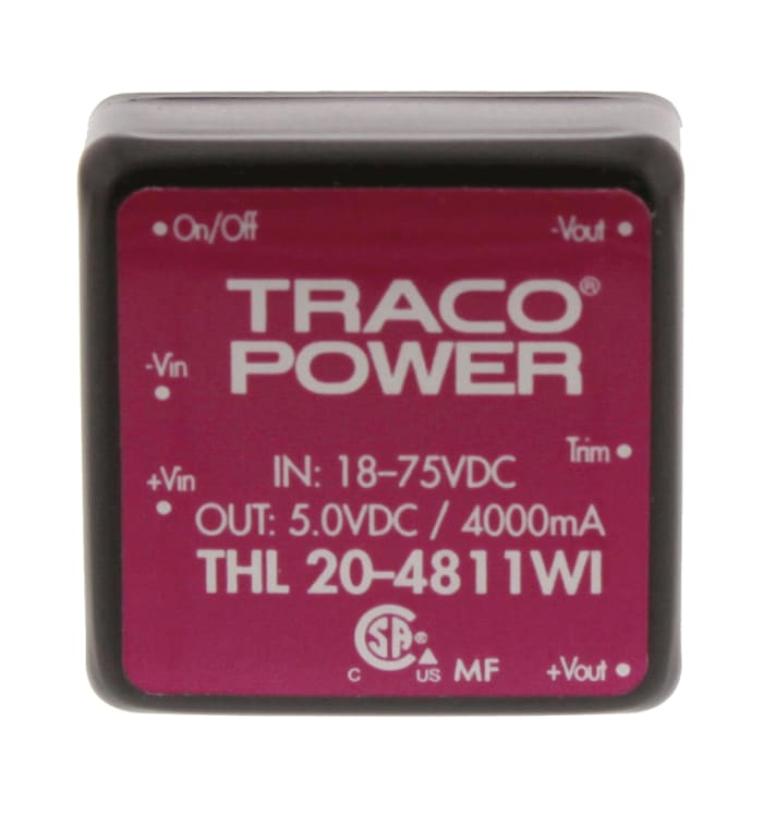 TRACOPOWER THL 20WI DC-DC Converter, 5V dc/ 4A Output, 18 → 75 V dc Input, 20W, Through Hole, +85°C Max Temp
