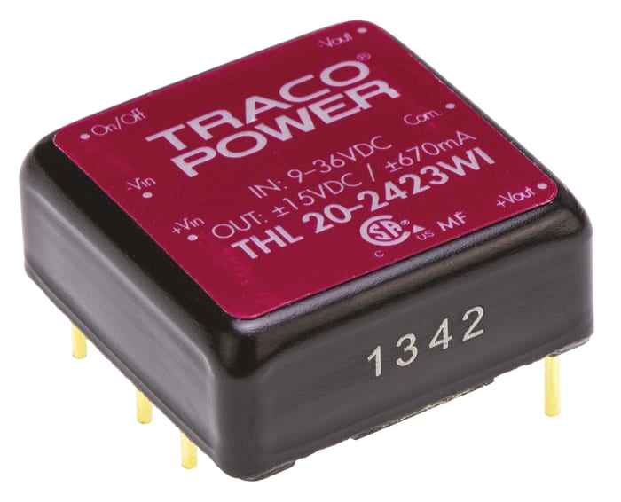 TRACOPOWER THL 20WI DC-DC Converter, ±15V dc/ ±670mA Output, 9 → 36 V dc Input, 20W, Through Hole, +85°C Max
