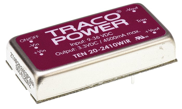 TRACOPOWER TEN 20WIR Isolated DC-DC Converter, 3.3V dc/ 4.5A Output, 9 → 36 V dc Input, 20W, Through Hole, +85°C