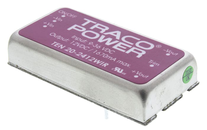 TRACOPOWER TEN 20WIR DC-DC Converter, 12V dc/ 1.67A Output, 9 → 36 V dc Input, 20W, Through Hole, +85°C Max Temp