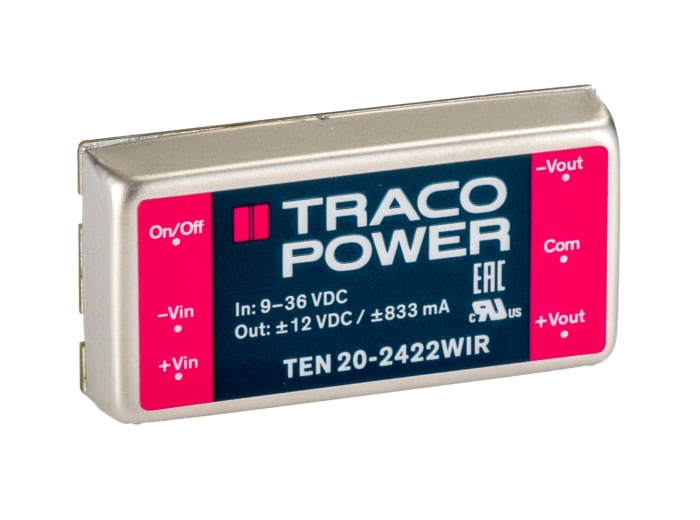 TRACOPOWER TEN 20WIR DC-DC Converter, ±12V dc/ ±833mA Output, 9 → 36 V dc Input, 20W, Through Hole, +85°C Max