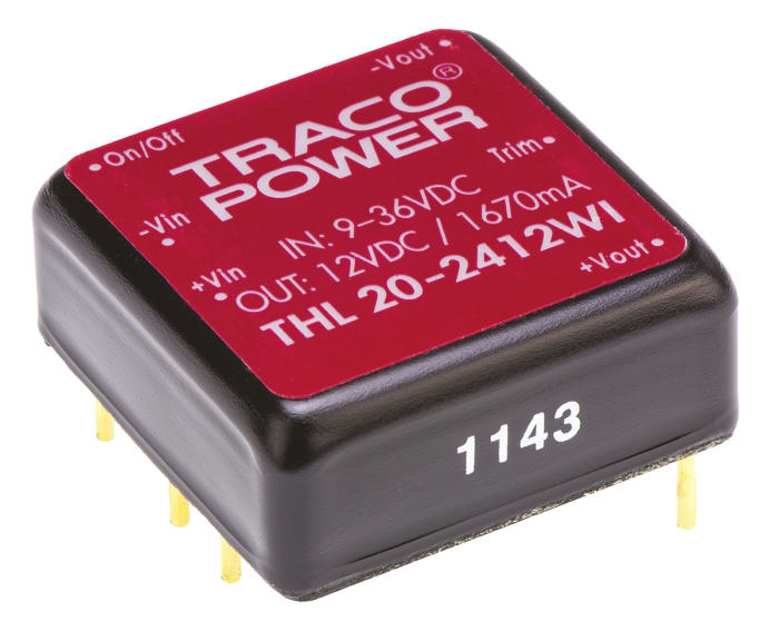 TRACOPOWER TEN 40N DC-DC Converter, 12V dc/ 3.33A Output, 9 → 18 V dc Input, 40W, Through Hole, +80°C Max Temp