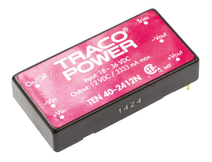 TRACOPOWER TEN 40N DC-DC Converter, 12V dc/ 3.33A Output, 18 → 36 V dc Input, 40W, Through Hole, +80°C Max Temp