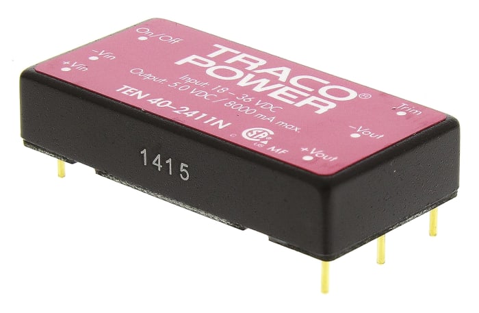 TRACOPOWER TEN 40N DC-DC Converter, 5V dc/ 8A Output, 9 → 36 V dc Input, 40W, Through Hole, +80°C Max Temp -40°C