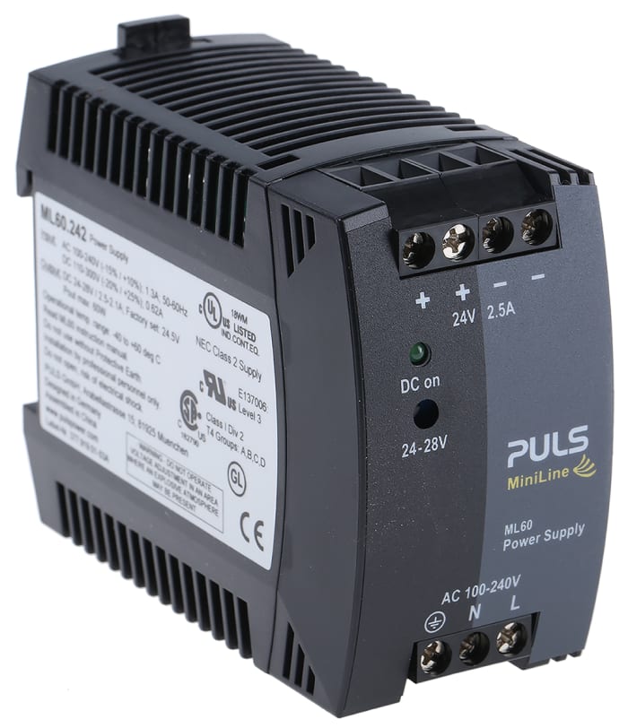 PULS MiniLine MLY Switched Mode DIN Rail Power Supply, 100 → 240V ac ac Input, 24V dc dc Output, 2.5A Output, 60W