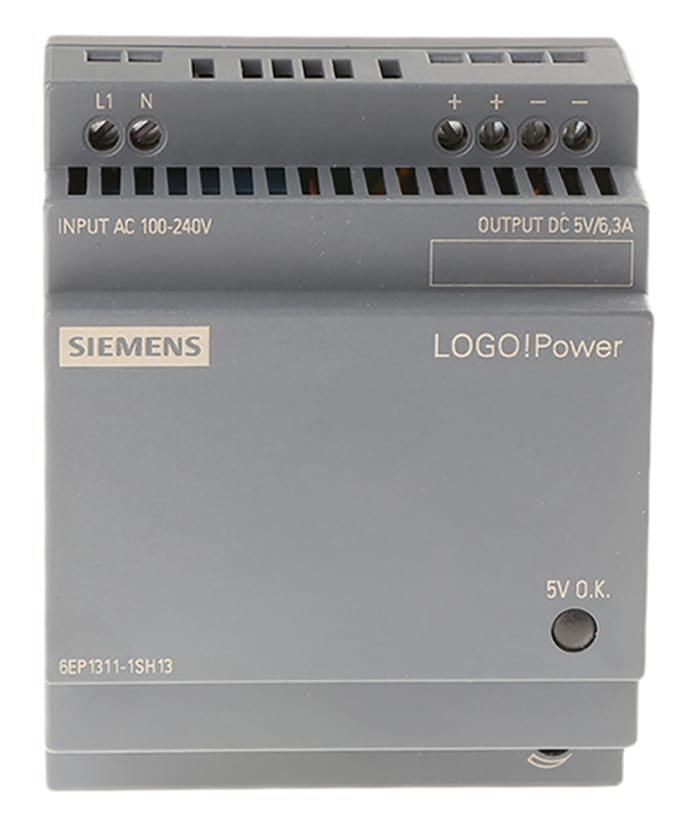 Siemens Switch Mode DIN Rail Panel Mount Power Supply, 230V ac ac Input, 5V dc dc Output, 6.3A Output, 30W