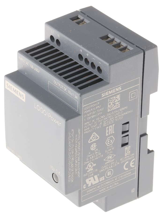 Siemens Switch Mode DIN Rail Panel Mount Power Supply, 230V ac, 15V dc, 1.9A Output, 23W