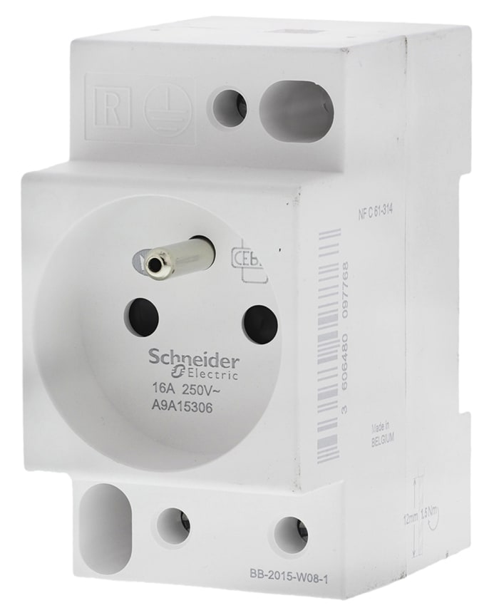 Schneider Electric French Modular Socket, 16A White, DIN Rail Tunnel, 250 V ac