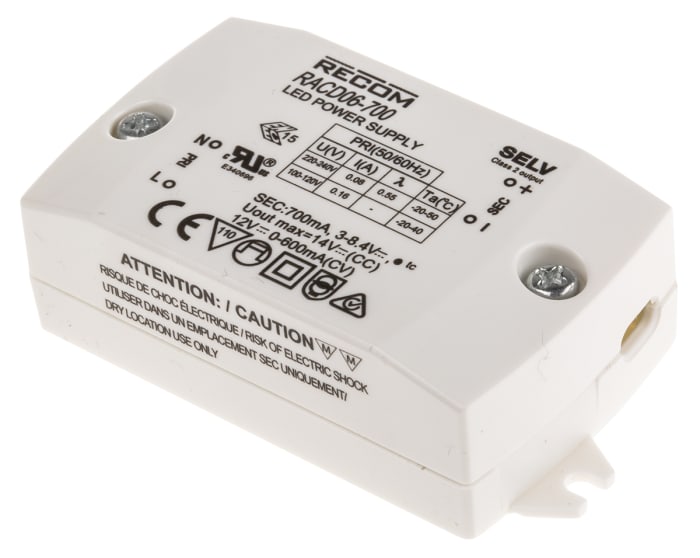 Recom LED Driver, 3 → 12V dc Output, 6W Output, 700mA Output, Constant Current / Constant Voltage