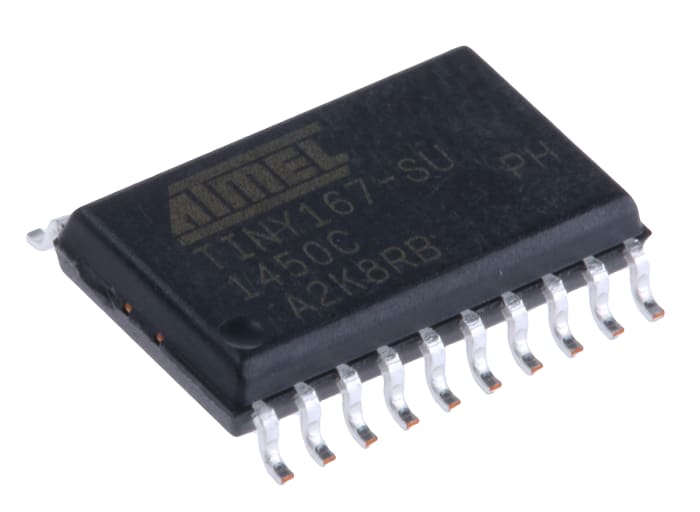 Microcontrolador Microchip ATTINY167-SU, núcleo AVR de 8bit, RAM 1,024 kB, 20MHZ, SOIC de 20 pines