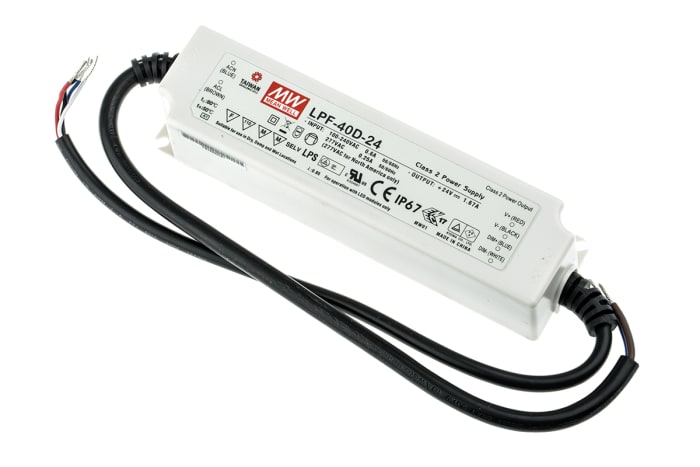 MEAN WELL LED Driver, 24V Output, 40.08W Output, 1.67A Output, Constant Voltage Dimmable