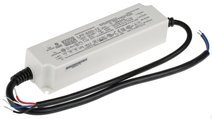 MEAN WELL LED Driver, 12V Output, 60W Output, 5A Output, Constant Voltage Dimmable