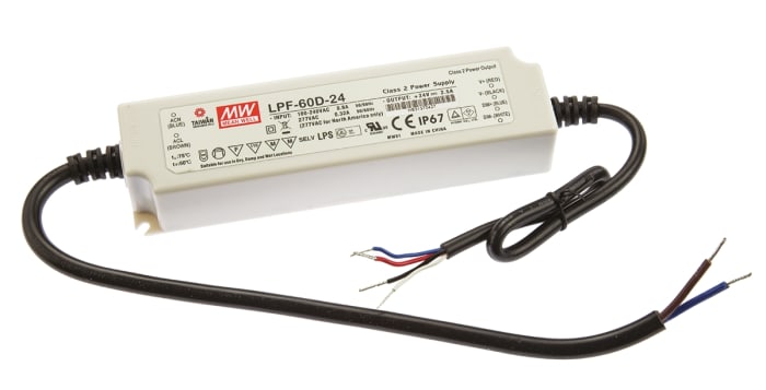 MEAN WELL LED Driver, 24V Output, 60W Output, 2.5A Output, Constant Voltage Dimmable