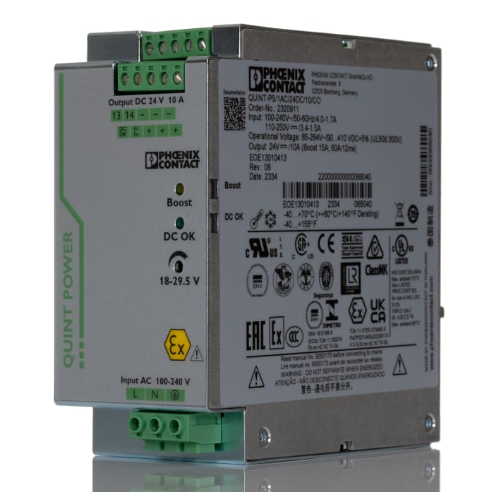 Alimentation pour rail DIN Phoenix Contact, série QUINT-PS/1AC/24DC/10/CO, 24V c.c.out 10A, 240W