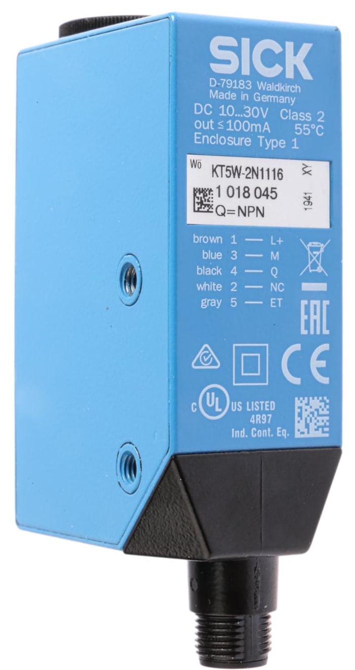 Sensor de contraste Sick serie KT5W, alcance 10 mm, LED RGB, 10 → 30 Vdc, salida NPN, IP67