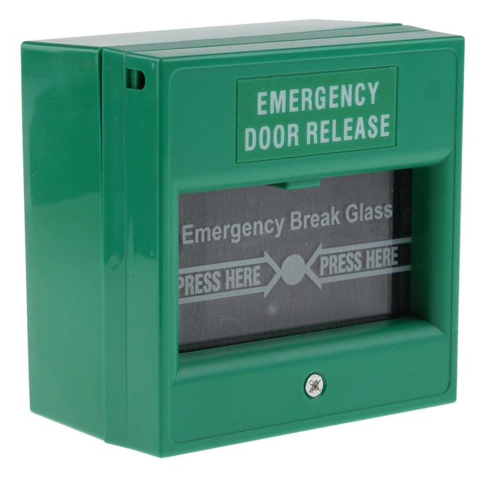 green emergency exit button to open door press here Stock Photo - Alamy