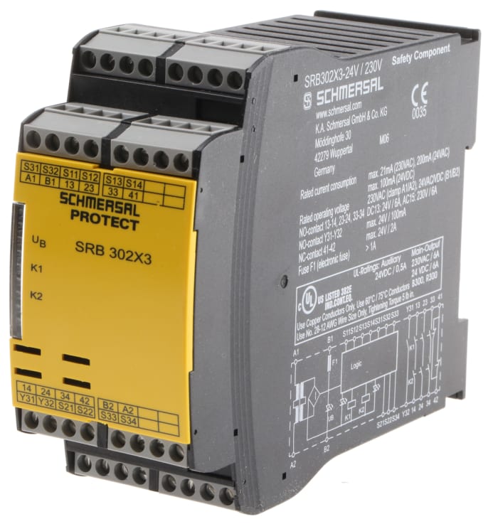 Relais de sécurité Schmersal SRB 302X3, 24 → 230V c.a. / V c.c., 2 canaux, 3 contacts de sécurité