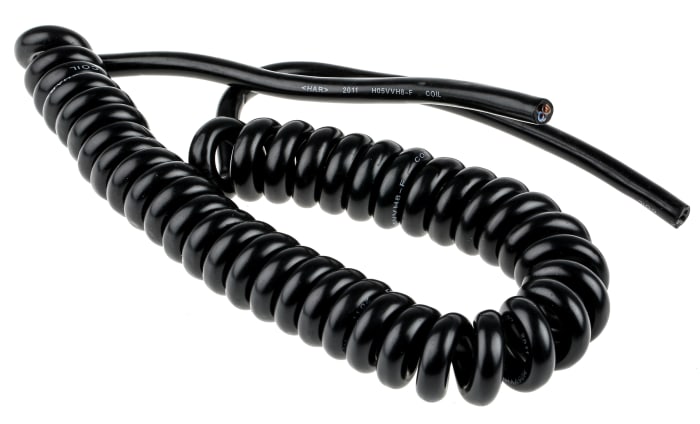 RS PRO, Coiled, 1m 3 Core, Black PVC Power Cable +70°C