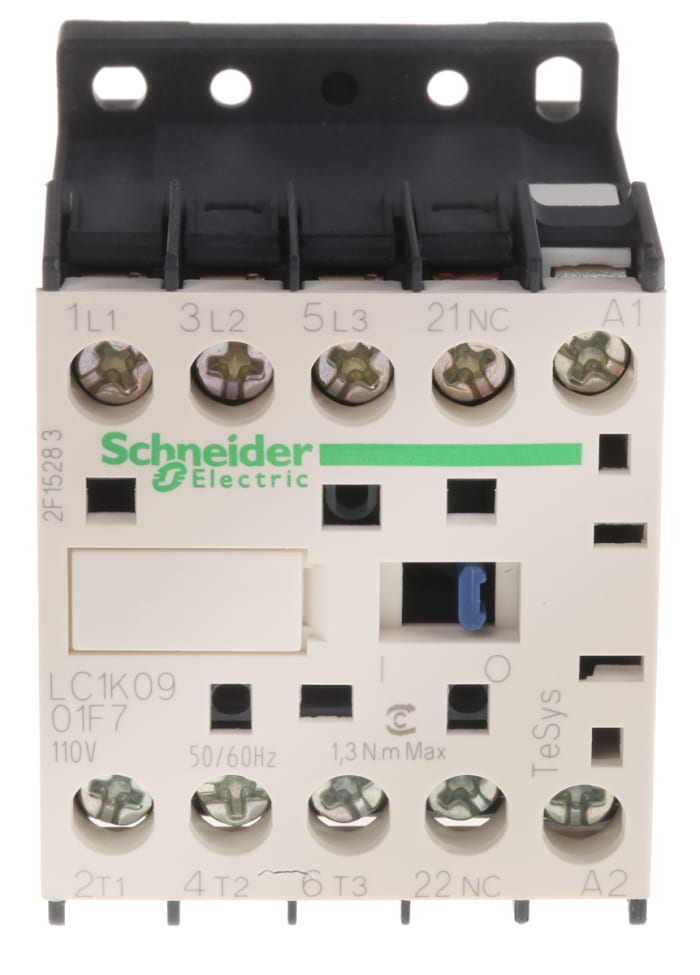 Contactor Schneider Electric TeSys LC1 de 3 polos, 3NO (Principal), NC (Auxiliar), 9 A, bobina 110 V ac