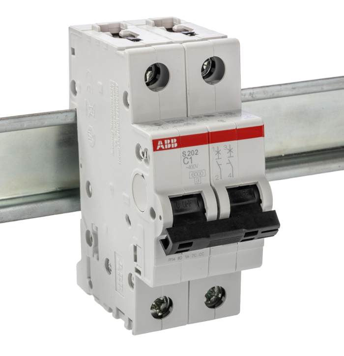 Disjoncteur ABB S200 2P, 1A, pouvoir de coupure 6 kA, montage rail DIN
