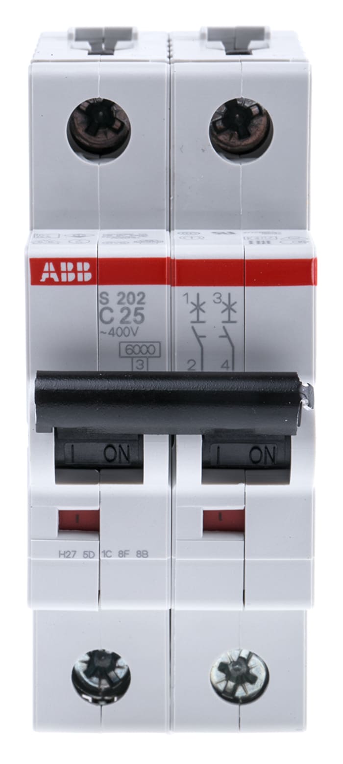 ABB System Pro M Compact S200 MCB, 2P, 25A Curve C, 400V AC, 125V DC, 10 kA Breaking Capacity