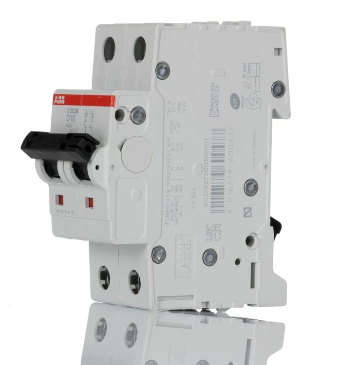 ABB System Pro M Compact S200M MCB, 2P, 10A Curve D, 400V AC, 125V DC, 10 kA Breaking Capacity