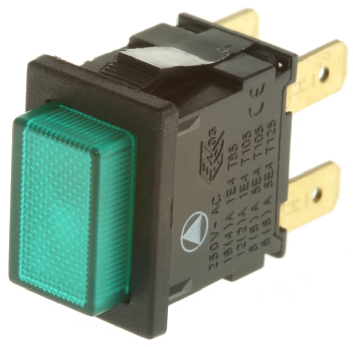 Bouton-poussoir miniature série 8300, Verrouillable lumineux, LED Vert, DPDT, 15 A @ 250 V c.a., Montage panneau