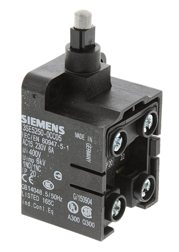 Siemens 3SE5 Series Plunger Limit Switch, NO/NC, IP20, DPST, Plastic Housing