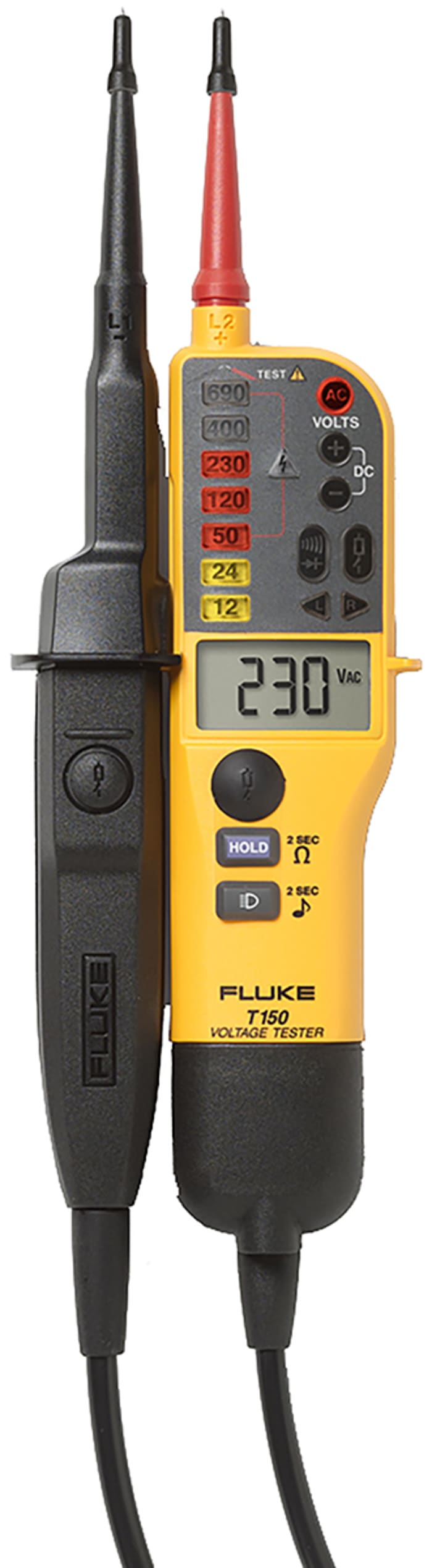 FLUKE T150 Fluke, Fluke T150, LCD Voltage tester, 690V, Continuity Check,  Battery Powered, CAT III 690V With RS Calibration, 749-2800