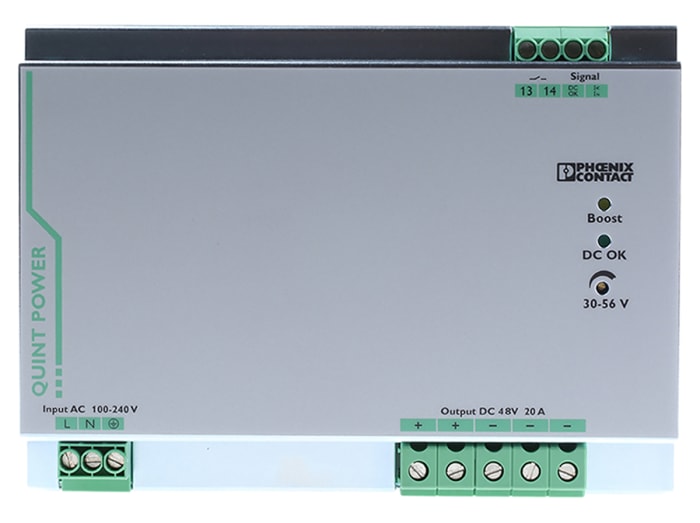Phoenix Contact QUINT POWER Switched Mode DIN Rail Power Supply, 85 → 264V ac ac Input, 48V dc dc Output, 20A