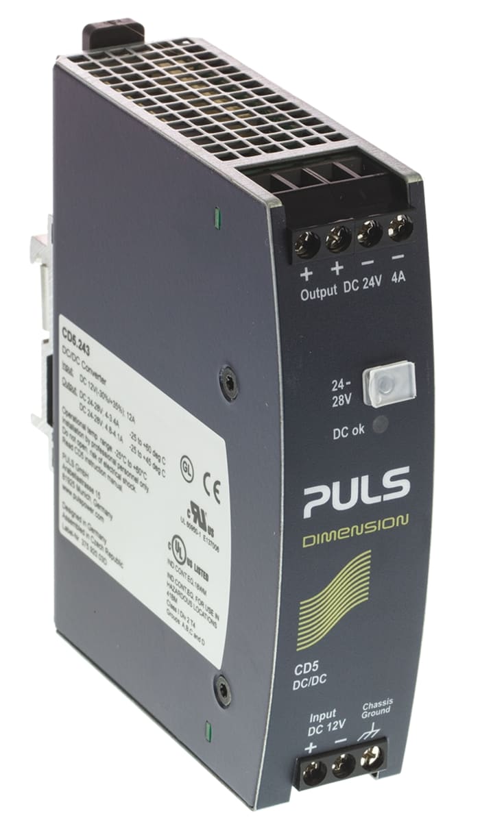 PULS DIMENSION-CD DC-DC Converter, 24V dc/ 4A Output, 8.4 → 16.2 V dc Input, 96W, DIN Rail Mount, +70°C Max Temp
