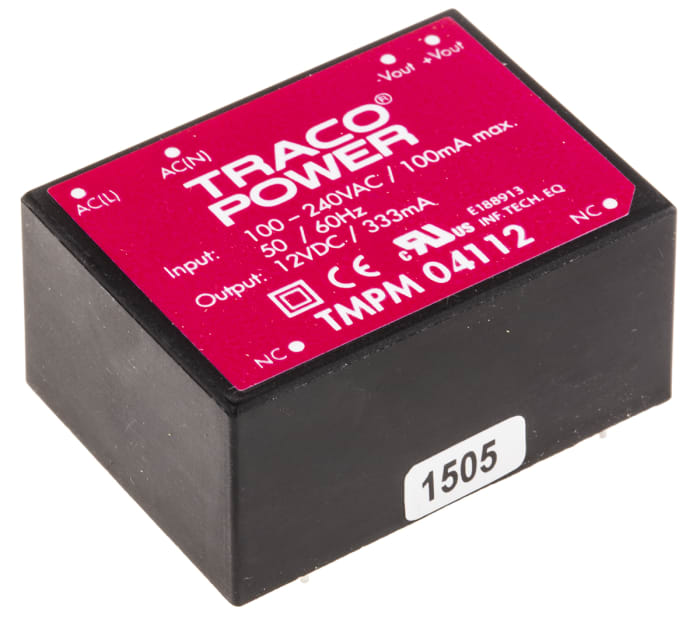 TRACOPOWER Embedded Switch Mode Power Supply SMPS, TMPM 04112, 12V dc, 333mA, 4W, 1 Output, 120 → 370 V dc, 85