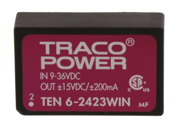TRACOPOWER TEN 6WIN DC-DC Converter, ±15V dc/ ±200mA Output, 9 → 36 V dc Input, 6W, Through Hole, +85°C Max Temp