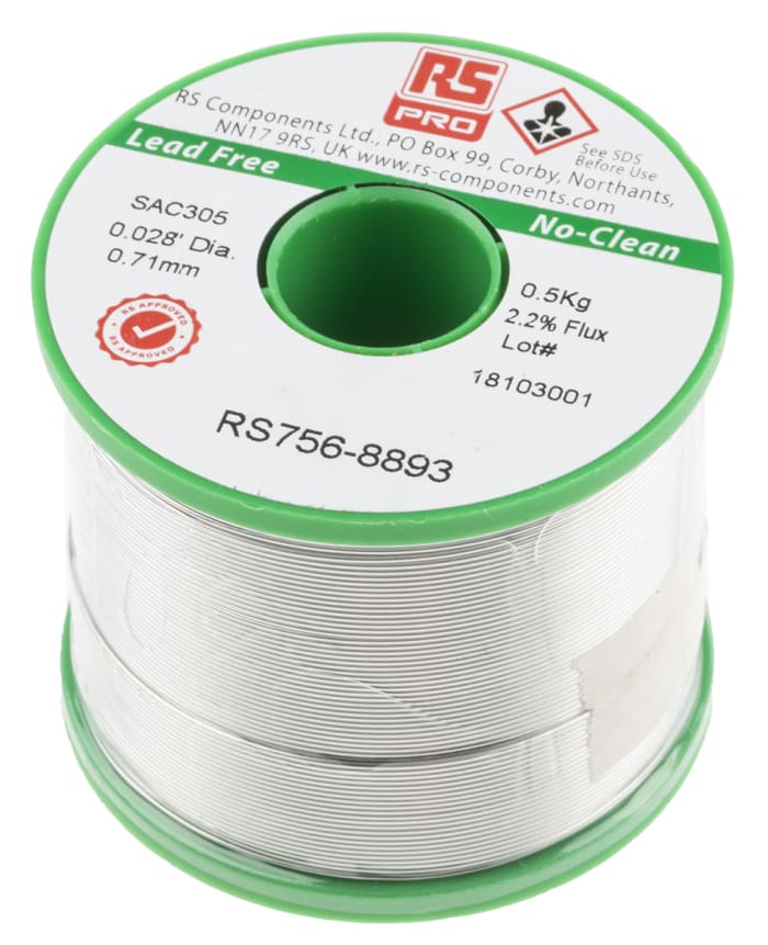 RS PRO 0,71mm Tel Kurşunsuz Lehim, 500g, Erime Noktası: +217°C, Bakır Yüzdesi: 0,5%, Kalay Y: 96,5%