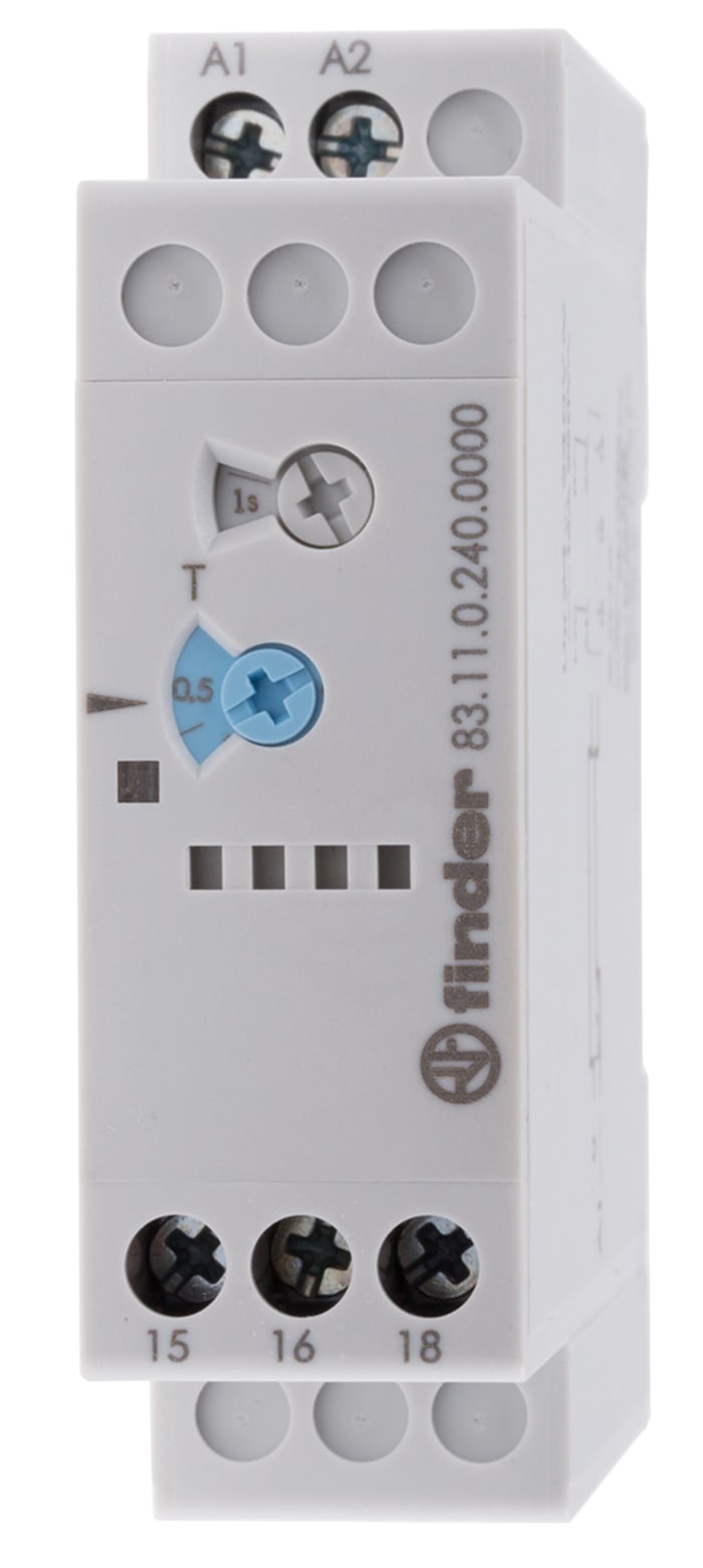 Finder 83 Series Series DIN Rail Mount Timer Relay, 24 → 240V ac/dc, 1-Contact, 0.05-10 min, 0.05-10 d, 0.05-10