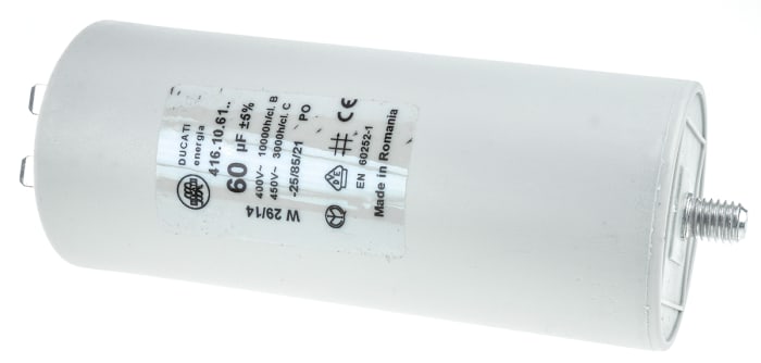 Ducati Energia 4.16.10 Polypropylene Film Capacitor, 450V ac, ±5%, 60μF, Stud Mount