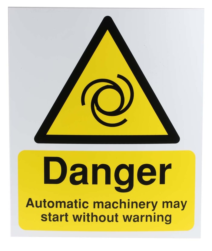 Señal de advertencia con pictograma: Maquinaria automática, texto en: Inglés "Danger Automatic machinery may start