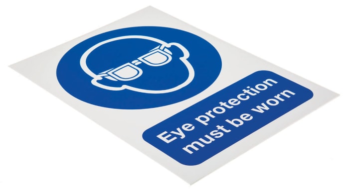 Povinná značka, Tuhý plast PP, Modrá/bílá, text Eye Protection Must Be Worn Angličtina Ne Značka