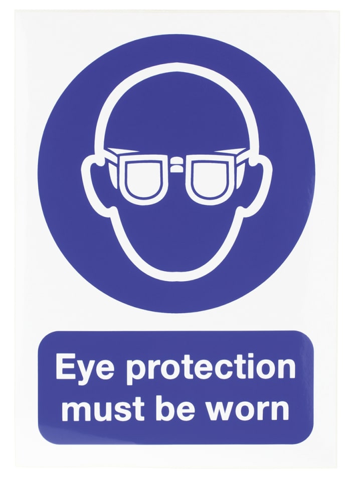 Señal de obligación con pictograma: Protección Ocular, texto en Inglés, autoadhesivo, 148mm x 210 mm