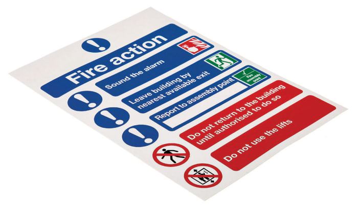 Panneau de sécurité incendie Auto-Adhésif, Fire Action Instructions, texte en Anglais, Blanc, Vinyle