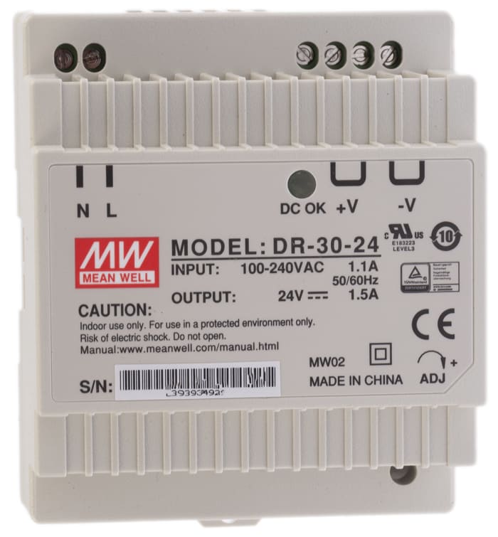 MEAN WELL DR Switch Mode DIN Rail Panel Mount Power Supply, 85 → 264V ac ac Input, 24V dc dc Output, 1.5A