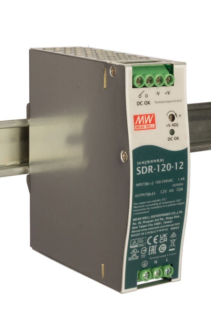 MEAN WELL SDR Switched Mode DIN Rail Power Supply, 88 → 264V ac ac Input, 12V dc dc Output, 10A Output, 120W