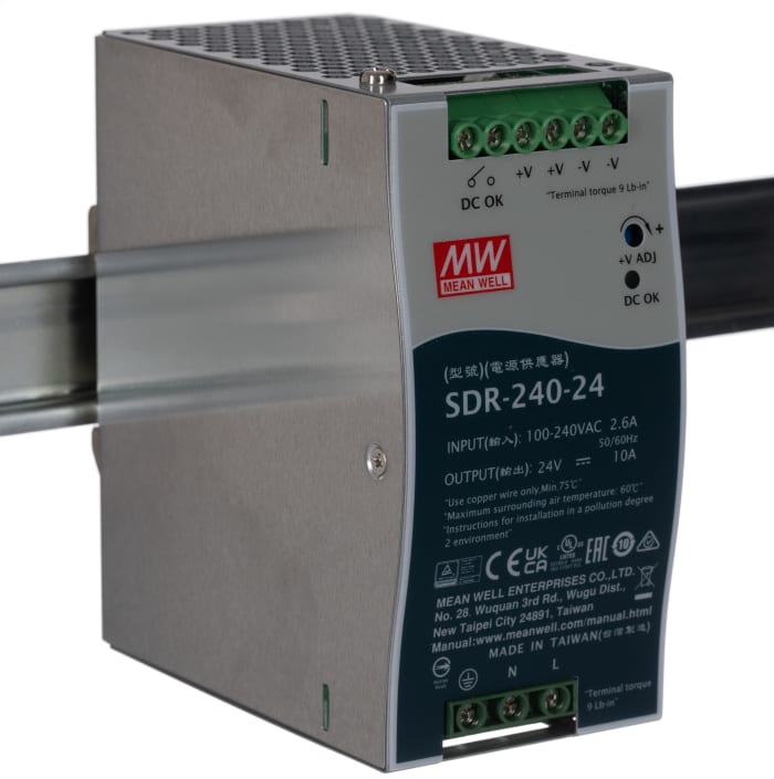 MEAN WELL SDR Switched Mode DIN Rail Power Supply, 88 → 264V ac ac Input, 24V dc dc Output, 10A Output, 240W