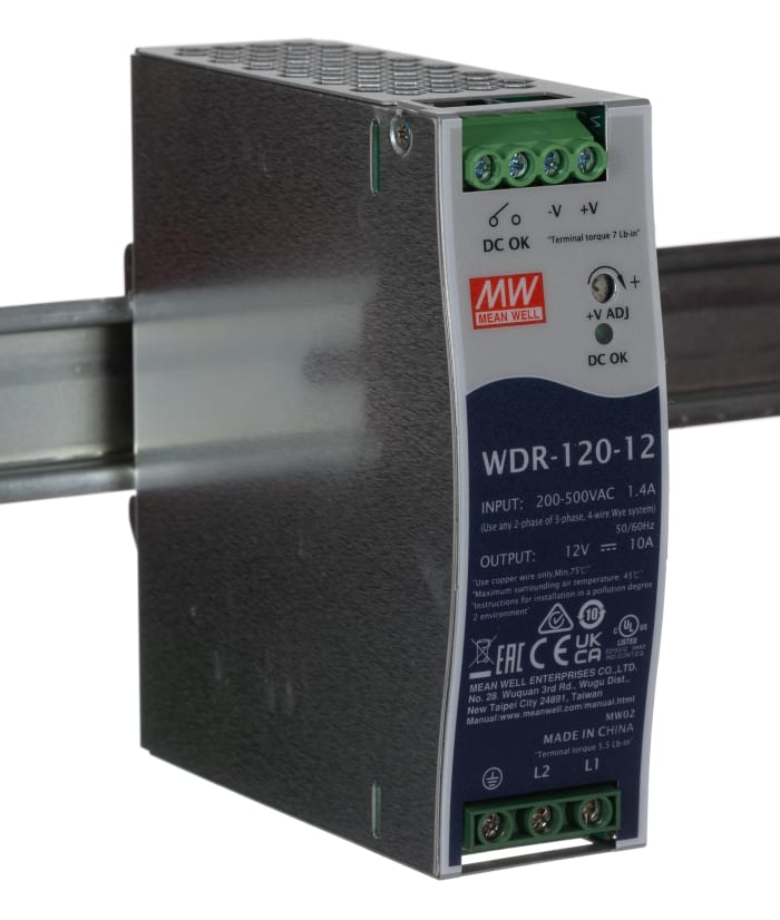 MEAN WELL WDR Switched Mode DIN Rail Power Supply, 180 → 550V ac ac Input, 12V dc dc Output, 10A Output, 120W