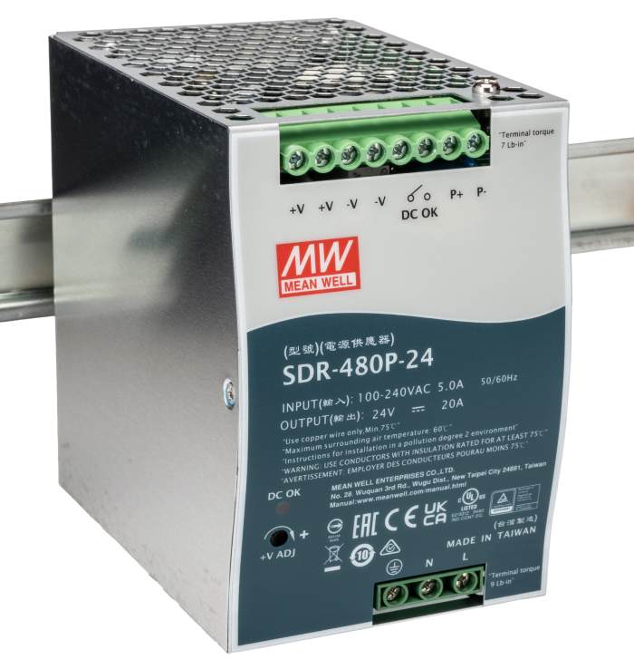 MEAN WELL SDR Switched Mode DIN Rail Power Supply, 88 → 264V ac ac Input, 24V dc dc Output, 20A Output, 480W