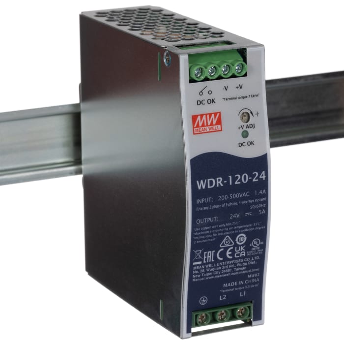 MEAN WELL WDR Switched Mode DIN Rail Power Supply, 180 → 550V ac ac Input, 24V dc dc Output, 5A Output, 120W