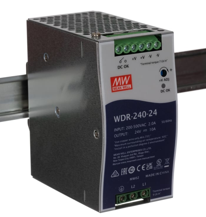24V dc WDR DIN Ray Pano Montaj Güç Kaynağı, 24V dc / 28V dc, 10A 1 Çıkışlı 240W, Anahtarlama Modu
