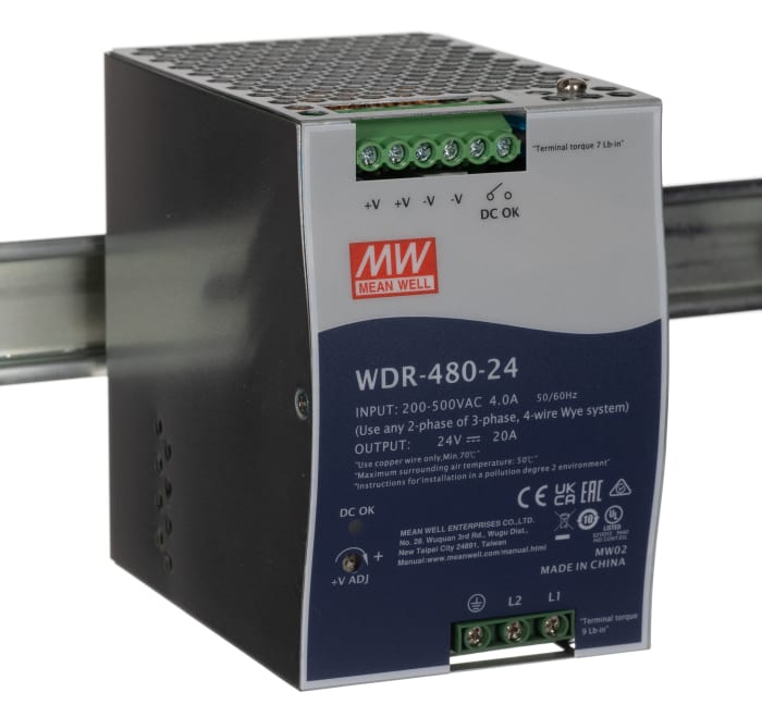 Alimentation pour rail DIN MEAN WELL, série WDR, 24V c.c.out 20A, 480W